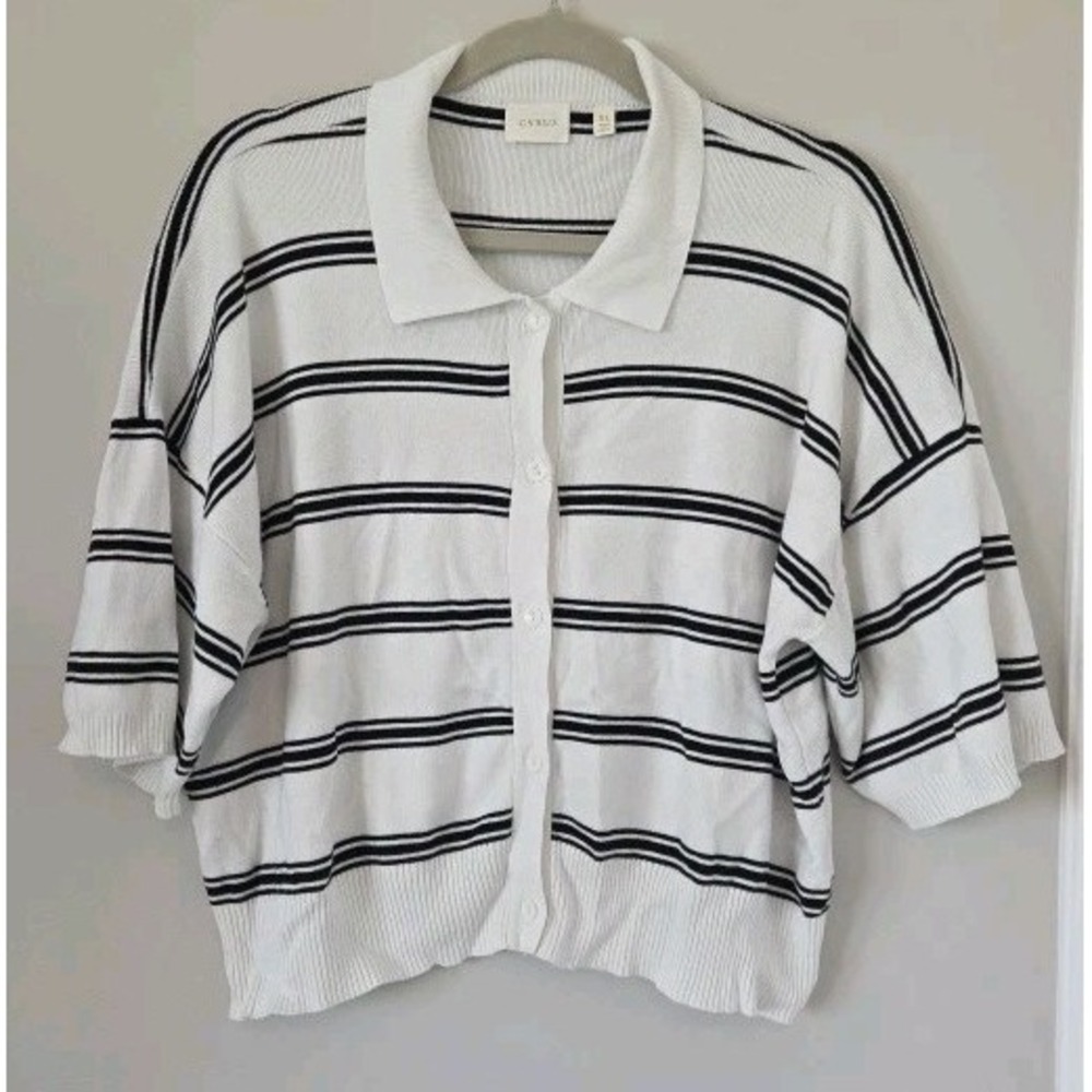 Cyrus Polo Stripe Crop Cardigan Collar Buttoned Black White Boxy Womens Size XL